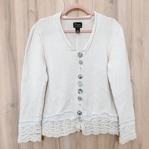 VTG Pure Handknit Womens Cardigan Size M/L Ivory Button Front Boho Cottagecore